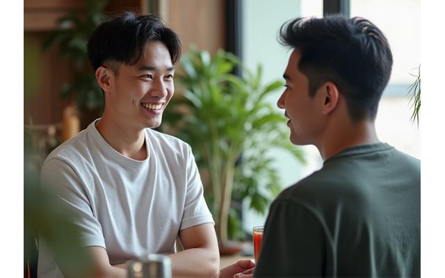 ชายวัยกลางคนกำลังโค้ชผู้ชายอายุน้อยกว่าในบรรยากาศที่เป็นกันเองและสนับสนุน