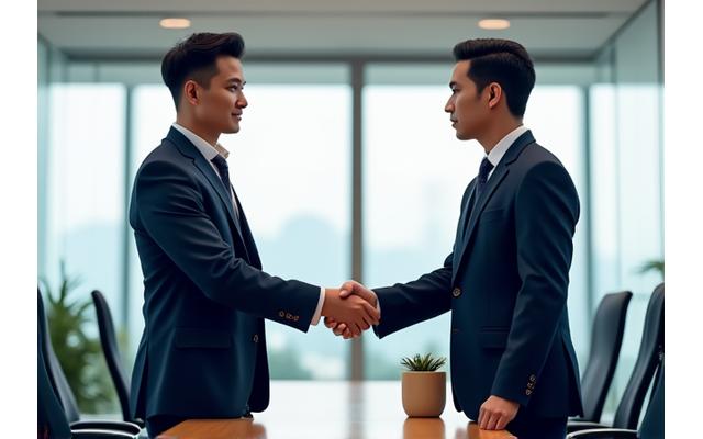 ผู้ประกอบการสองคนกำลังจับมือกันในสำนักงานเพื่อแสดงความร่วมมือ